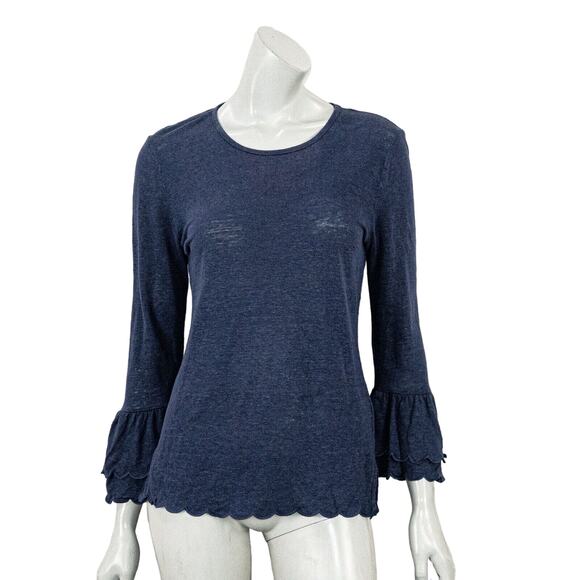 FRAME Women's Linen Scalloped Bell Sleeve Top in Navy Blue Sz Small - Picture 1 of 8